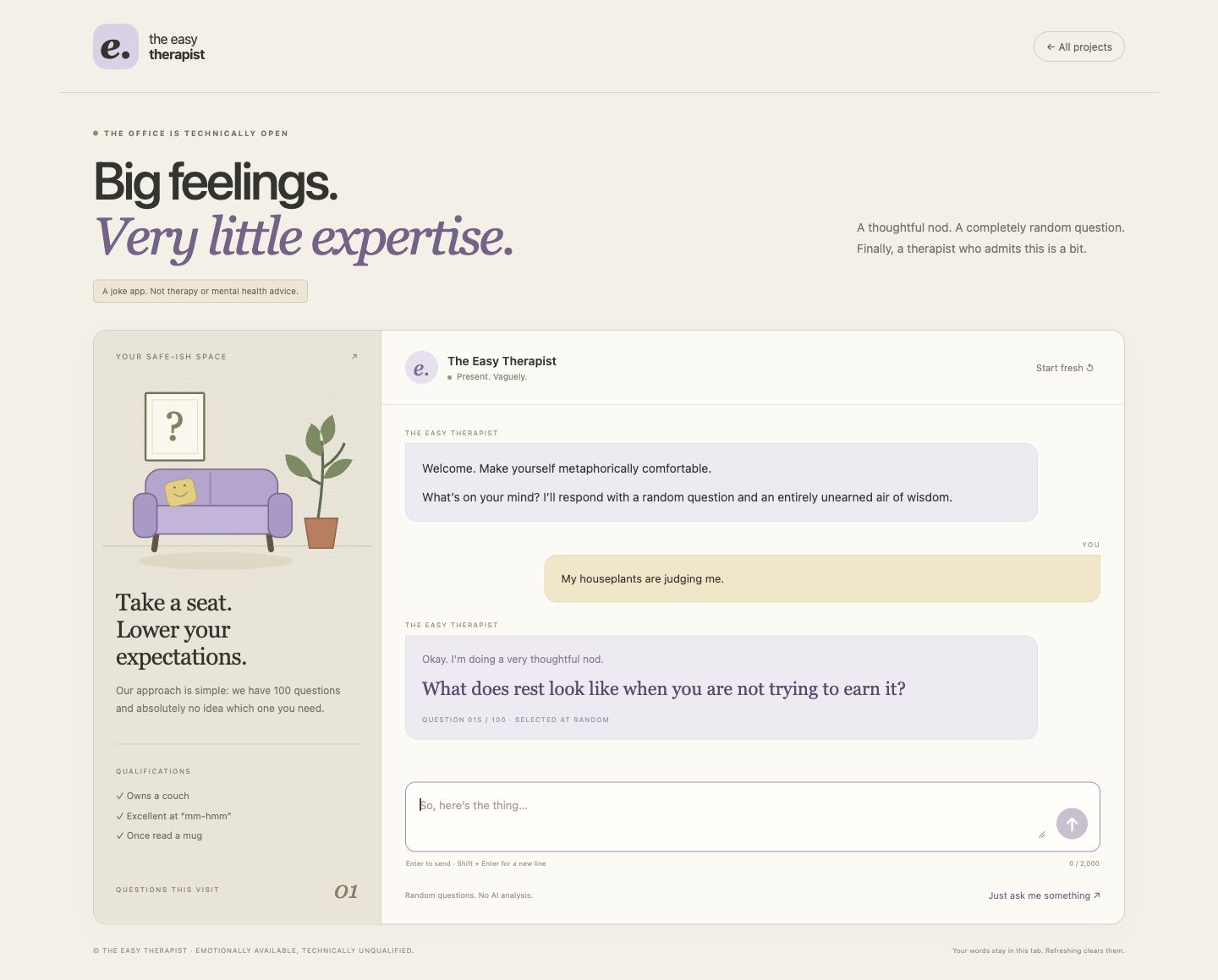 The Easy Therapist joke chat app with a lavender couch and random questions