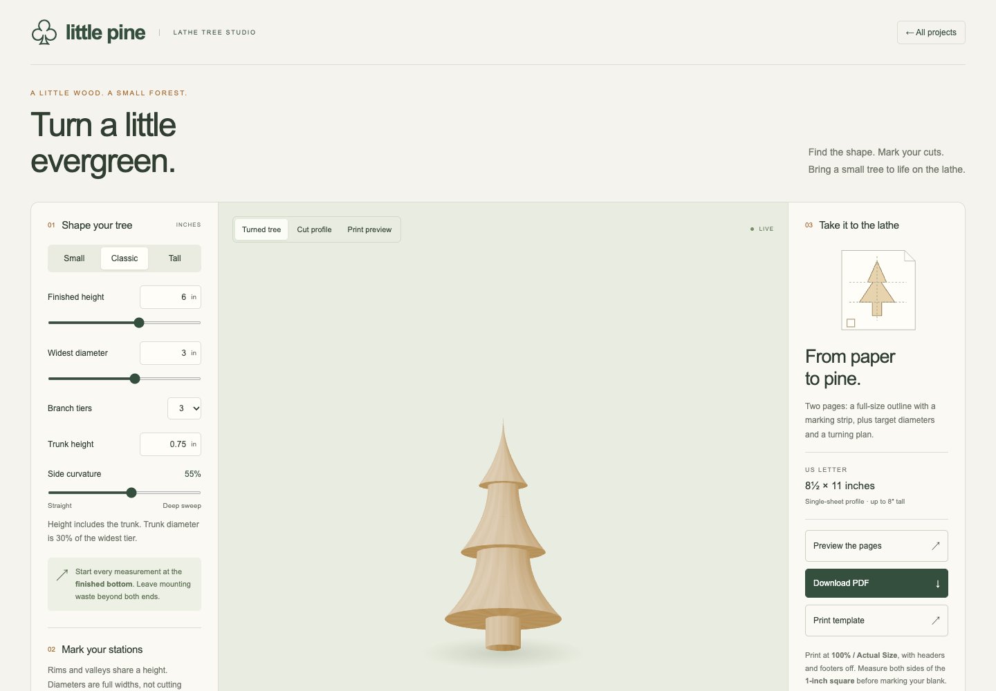 Little Pine tree sizing tool with a turned wood preview and printable templates